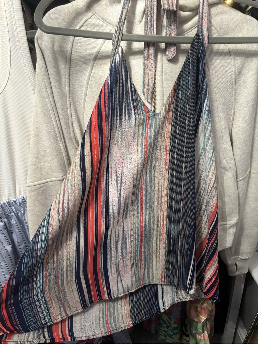 Super cute like new top- XS, Vici Striped Halter Cami in Navy, Coral & Teal